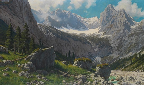 Blick von der Höllentalangerhütte zum Höllentalgletscher und den Riffelwandspitzen
