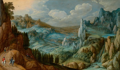 An extensive mountainous landscape with travellers on a path