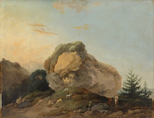 A hilly landscape with a large rock and a shepherd and shepherdess with their flock