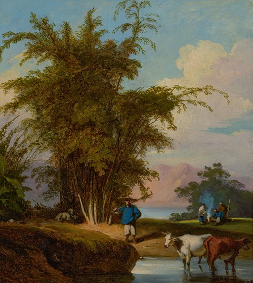 A landscape in Macau with a herdsman and cattle watering, a stand of bamboo beyond