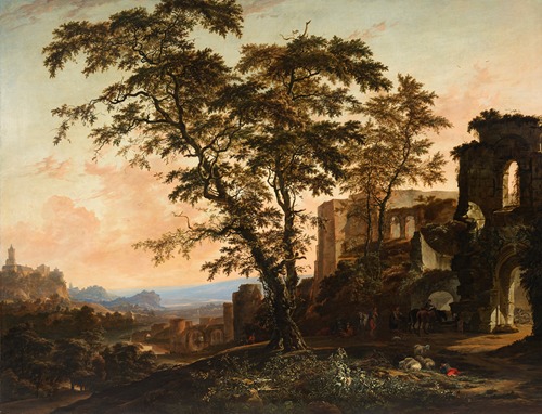 An extensive Rhenish landscape with peasants and animals resting in the shade of Romanesque ruins