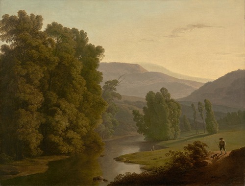 A landscape with figures by a river and mountains in the distance