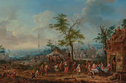 A village festival with figures dancing and playing games, a wedding ceremony beyond
