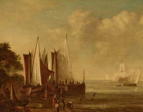 Sailing barges off the coast with figures standing on the shore