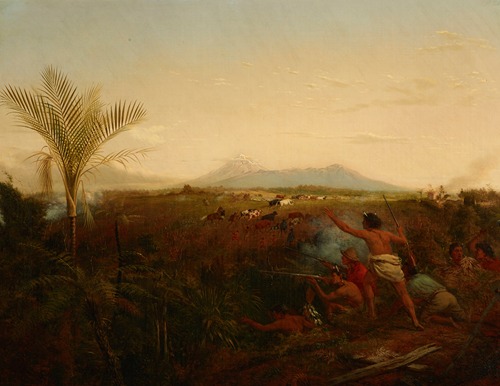 View of Mt Egmont, Taranaki, New Zealand, taken from New Plymouth, with Maoris driving off settlers’ cattle