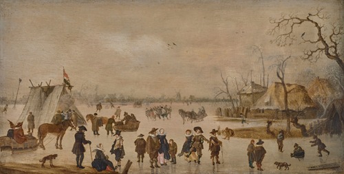 Figures skating and riding in carriages, on a frozen lake with a tent and a town in the distance