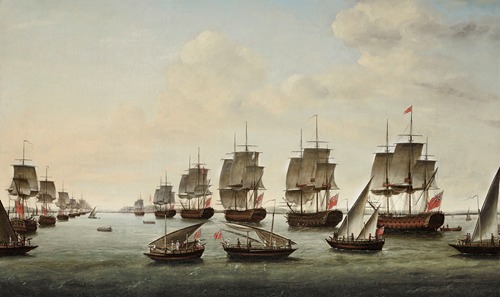 The fleet, under the command of Rear-Admiral Charles Watson and Commodore William James, approaching Geriah on 12 February 1756 for the final showdown with the pirate Tulagee Angria