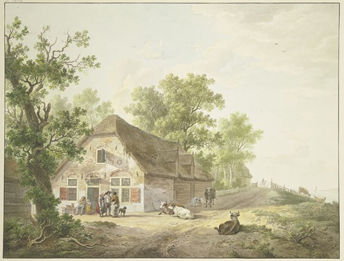 Bauernhaus am Weg, auf dem fünf Kühe und ein Reiter sind, vor dem Haus fünf Figuren und ein Hund