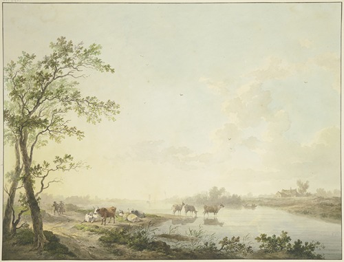 Nebliger Morgen an einem Flusse, am Ufer sieben Kühe, zum Teil im Wasser stehend