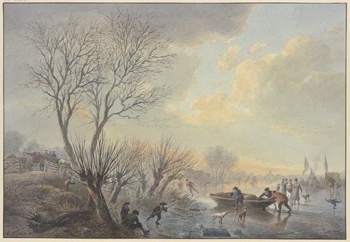 Winterlandschaft, auf dem Eis schieben drei Männer ein Boot dem Land zu, dabei zwei Hunde stehend