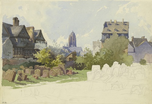 Blick über den Jüdischen Friedhof Battonnstraße in Frankfurt am Main auf Sankt Bartholomäus