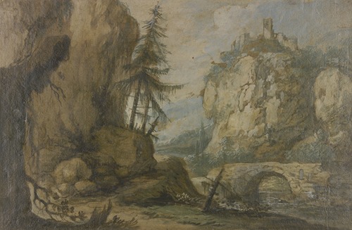 Links hohe Felsen mit Tannen, rechts auf hohen Felsen eine Burg, über dem Bach eine steinerne Brücke