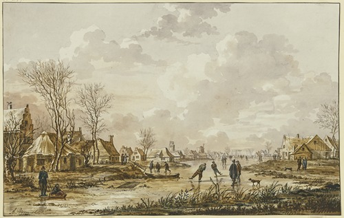 Winterlandschaft, auf einem gefrorenem Fluss bei einem Städtchen Schhlittschuhläufer