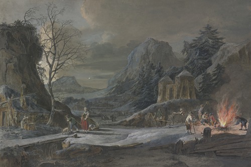 Winterlandschaft im Mondschein, rechts unterhalten Bauern ein großes Feuer