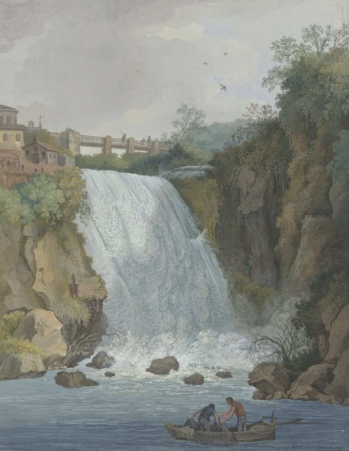 Wasserfall, über den eine Brücke führt, im Vordergrund zwei Fischer in einem Boot