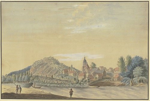 Dorf mit einer Kirche an einem Fluss, im Vordergrund ein Angler, ein Fährmann und zwei Bauern
