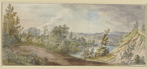 Schloß Schönbusch bei Aschaffenburg, Mainlandschaft mit Blick von einer Anhöhe, links das Schloß