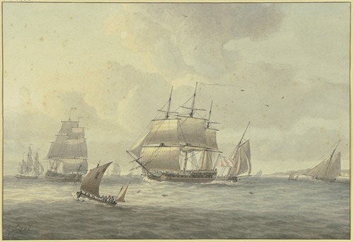 Leicht bewegte See, unter vielen Schiffen ein Dreimaster mit vollen Segeln nach links, vorne ein Segelboot