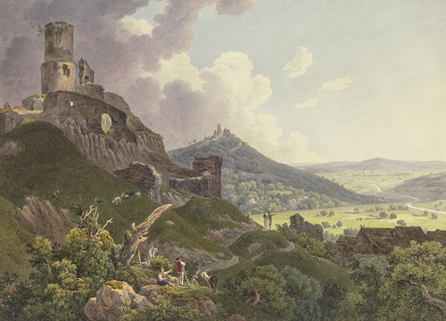Die Ruinen Gleiberg und Vetzberg bei Gießen, links die beiden Burgruinen auf Bergen, rechts ein weites Tal, im Vordergrund Ausflügler und Hirten