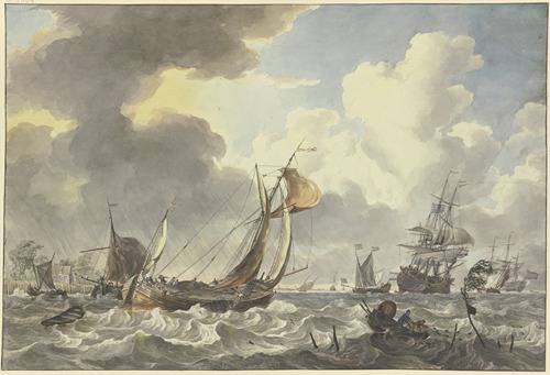 Bewegte See, viele Schiffe laufen aus, vorne rechts ein Fischerboot, in welchem ein Netz gezogen wird