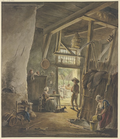 Im Inneren eines Bauernhauses, an der Tür sitzt die Frau, mit dem hinausgehenden Mann sprechend, rechts die Magd mit zwei Wassergefäßen