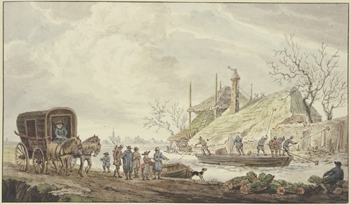 Winterlandschaft, an einem Bauernhof hauen Schiffer das Eis auf, links eine Kutsche