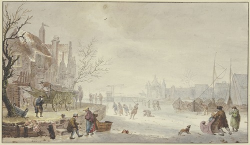 Winterlandschaft, auf dem Fluß Schlittschuhläufer, links am Quai ein Wagen