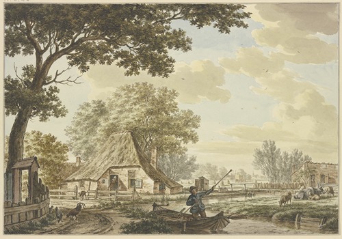 Enger Kanal bei einem Dorf, darauf ein Mann in einem Kahn, rechts Vieh, links Hühner