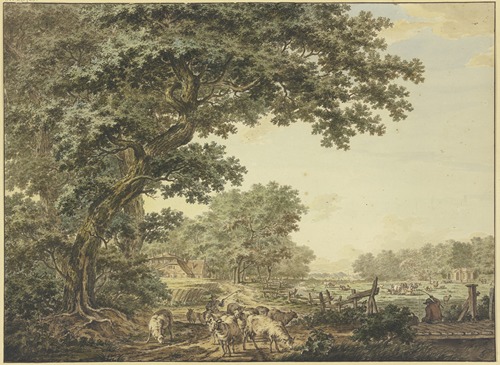 Wiesengrund zwischen dem Wald mit vielem Vieh, vorne ein Schäfer mit seiner Herde, auf einer Brücke rechts ein Angler