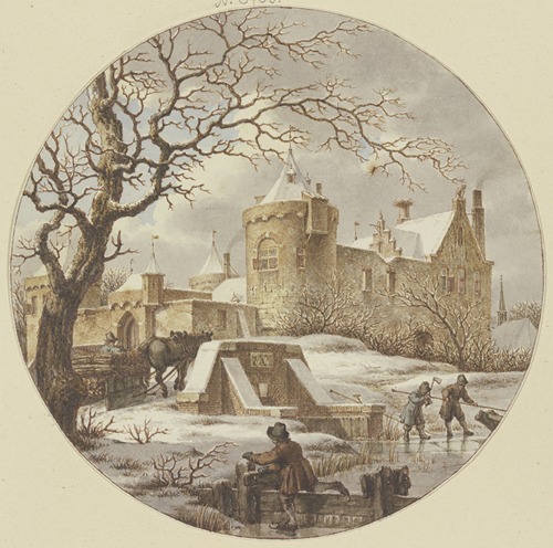 Winterlandschaft vor der Stadtmauer, auf der Brücke ein Holzschlitten