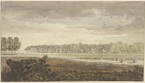 Landschaft, im Hintergrunde ein langes Wäldchen, vorne Felder mit einigen Fruchtgarben