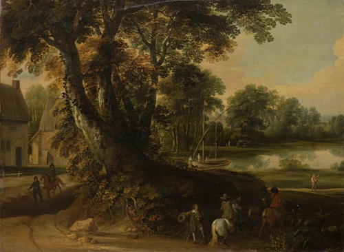 Landscape with a Group of Trees at the Shore of a Lake, Three Riders on the Road in the Foreground