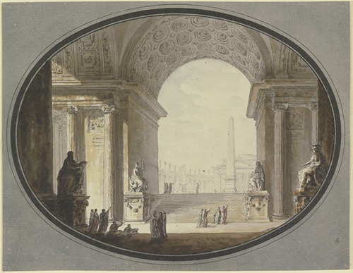 Blick durch ein kassettiertes Rundbogengewölbe auf einen dem Petersplatz in Rom nachempfundenen Platz, im Scheitel ein dem römischen Pantheon ähnelnder Bau