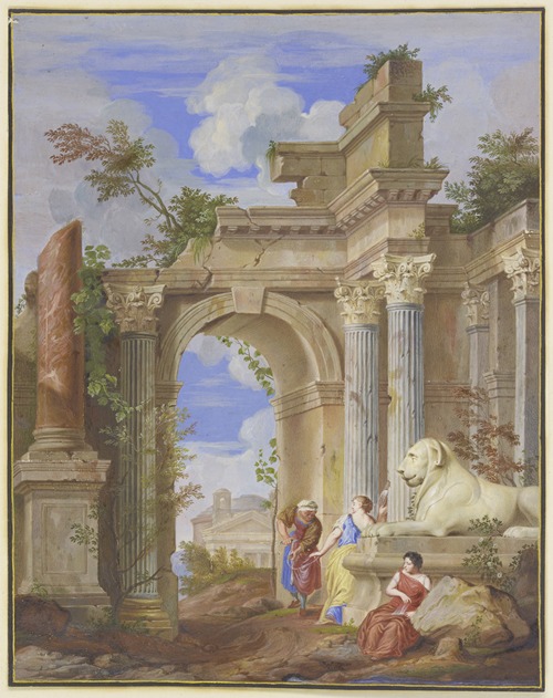 In den Ruinen römischer Architektur die drei Parzen, rechts ein Löwe aus Marmor