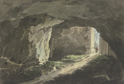 Ein Maler läuft mit seinem Zeichenbrett in eine mit einem gewaltigen Tor verschließbare Felshöhle