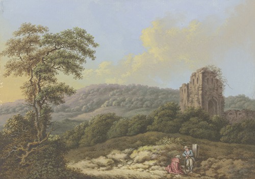 Landschaft mit einer Ruine, links ein hoher Baum, im Vordergrund zwei Wanderer