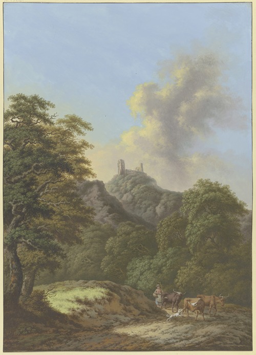 Waldtal mit Blick auf eine Burgruine, im Vordergrund eine Hirtin mit drei Rindern und einem Hund