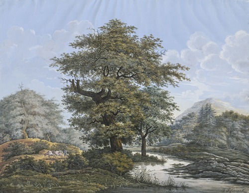 Baumreiche Landschaft, in der Mitte eine Eiche am Ufer eines Flusses