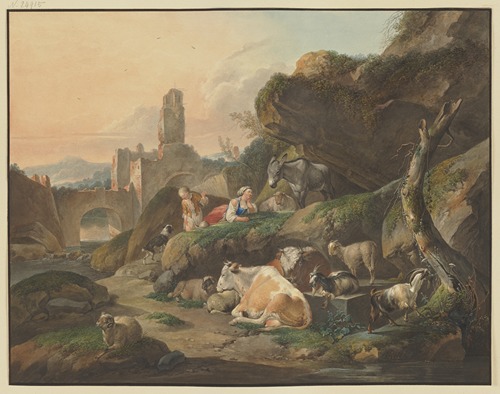 Hirten auf Felsen, eine Hirtin liegt vor einem Esel, vorn Kühe, Schafe und Ziegen, im Hintergrund Ruinen mit einer Brücke