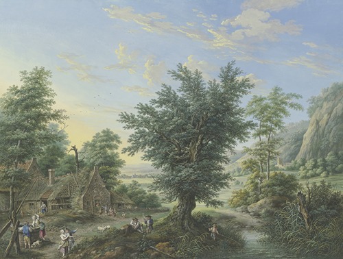 Rich landscape with trees, meadows and villages, in the front left a hut with a well and many figures