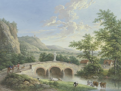 Tallandschaft mit einer steinernen Brücke, auf deren Brüstung eine antike Skulptur aufgestellt ist