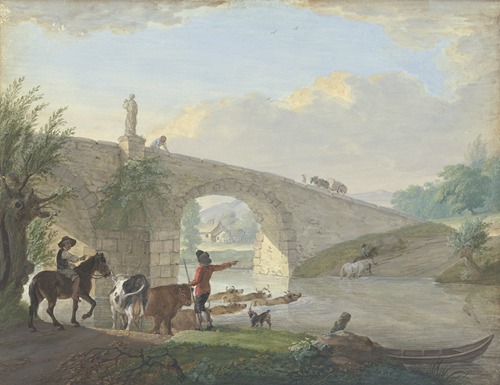 Viehherde mit zwei Hirten, bei einer Steinbrücke durch das Wasser schwimmend