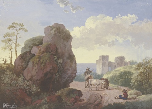 Ein großer Fels neben einem Weg mit Hirten und Vieh, rechts eine Ruine
