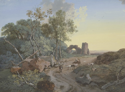 Waldpartie und Ruine mit einem Bogen an einem Weg mit Hirten und Vieh