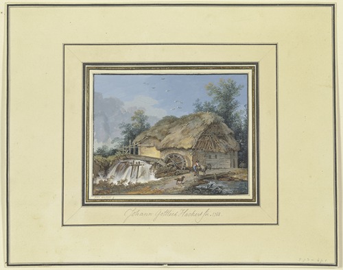 Strohgedeckte Wassermühle, zu der ein Bauer mit Esel und Hund kommt
