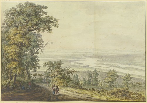 Blick auf das Rheintal von der Hohen Wurzel zwischen Wiesbaden und Bad Schwalbach aus, mit Staffagefiguren