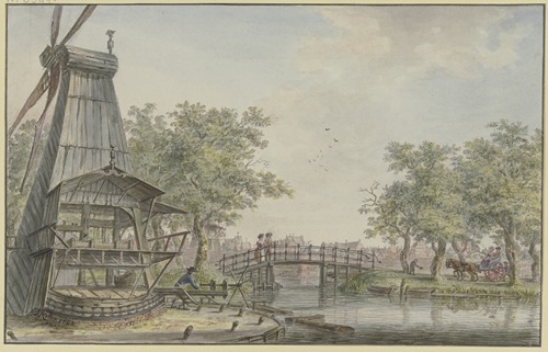 Holländische Landschaft an einem Kanal, über den eine Brücke führt