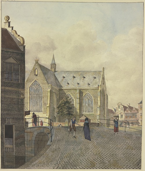 Kirche bei einer Brücke, ein lahmer Bettler bei einer Dame