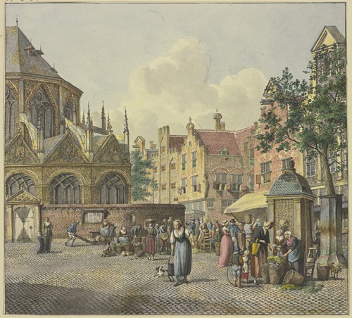 Links der Chor einer Kirche, rechts ein Brunnenhaus, mit Gemüseverkäuferinnen