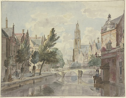 Steinbrücke über einen Kanal, im Hintergrund eine Kathedrale, rechts am Haus eine Laterne